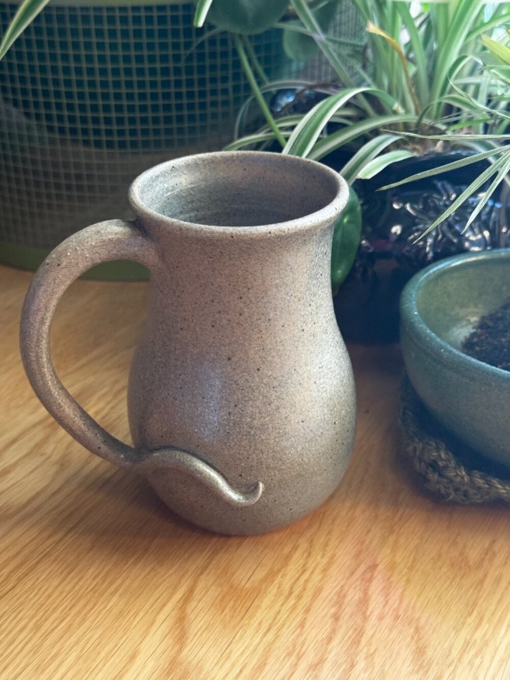 Bobbi Bassett Stoneware Pottery Mug with Dog Tail Handle, Vintage Circa 1980s